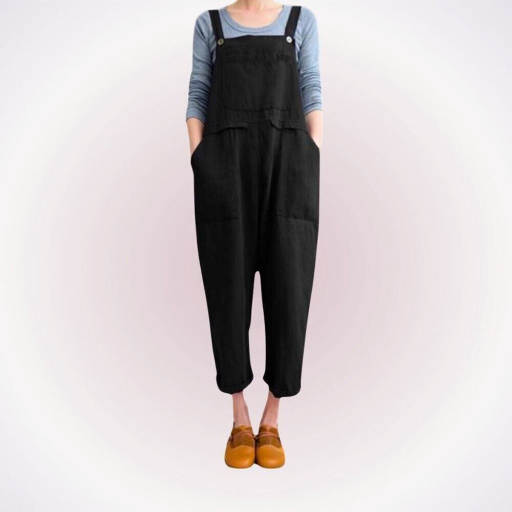 Baggy Oversized Linen-Feel Overalls with Pockets | Sz S